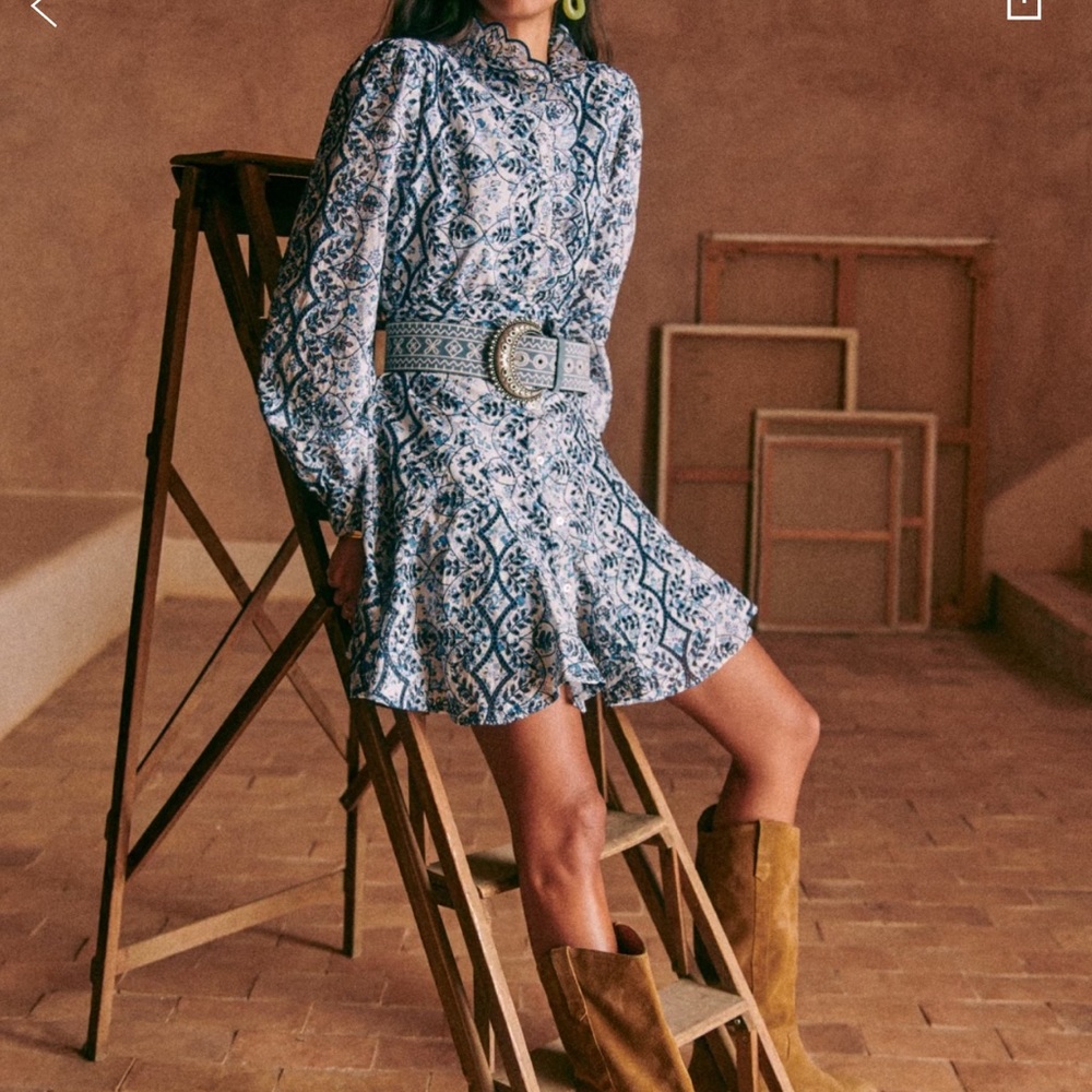 Sézane Blue and White Printed Mini Dress